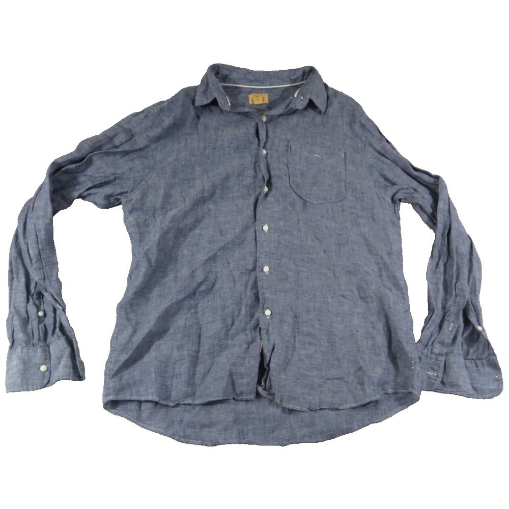 Trevero Men Slim Fit 100% Linen Button Down Shirt Large L Blue Solid Long Sleeve